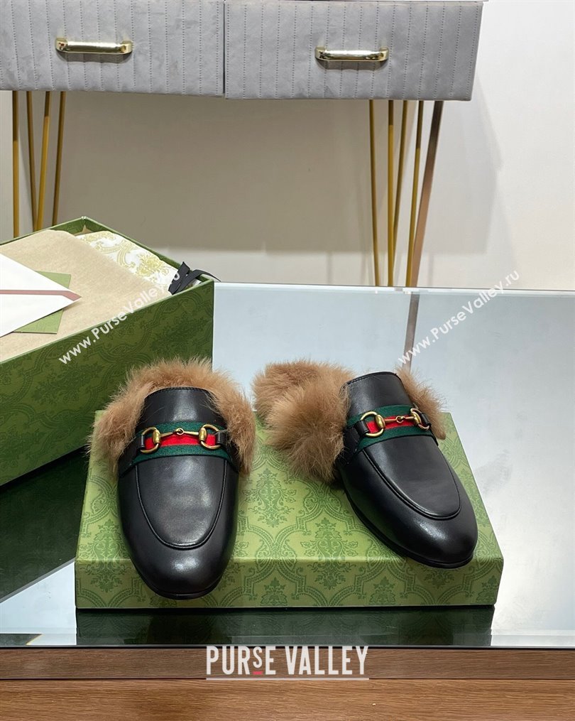 Gucci Leather and Wool Slippers with Horsebit and Web Black 2023 (MD-231025005)