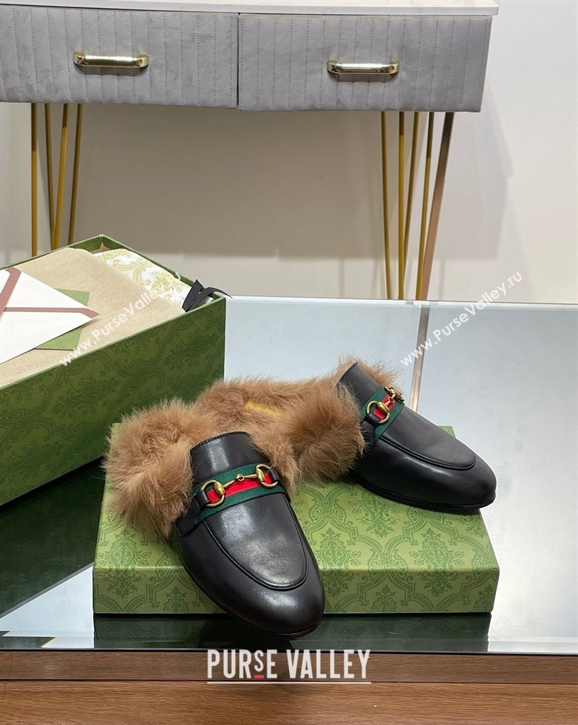 Gucci Leather and Wool Slippers with Horsebit and Web Black 2023 (MD-231025005)