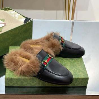 Gucci Leather and Wool Slippers with Horsebit and Web Black 2023 (MD-231025005)