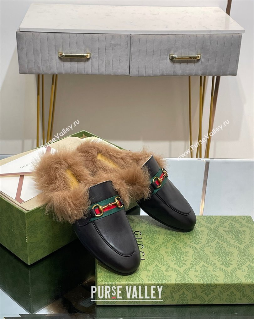 Gucci Leather and Wool Slippers with Horsebit and Web Black 2023 (MD-231025005)