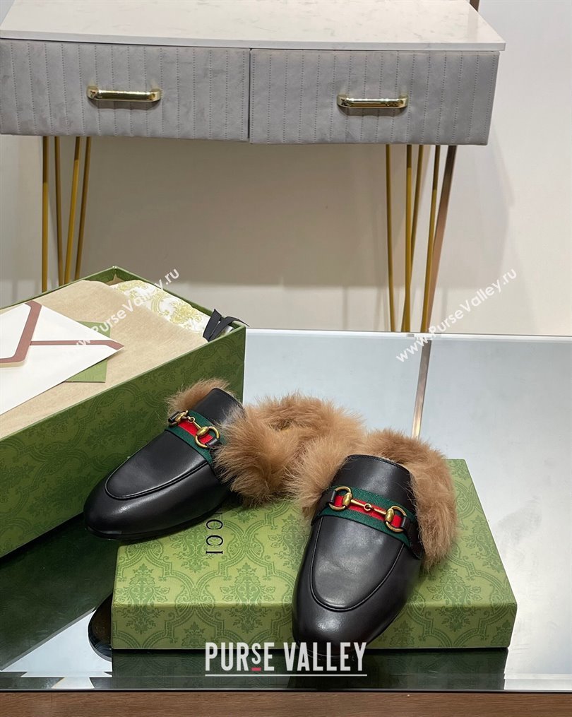 Gucci Leather and Wool Slippers with Horsebit and Web Black 2023 (MD-231025005)