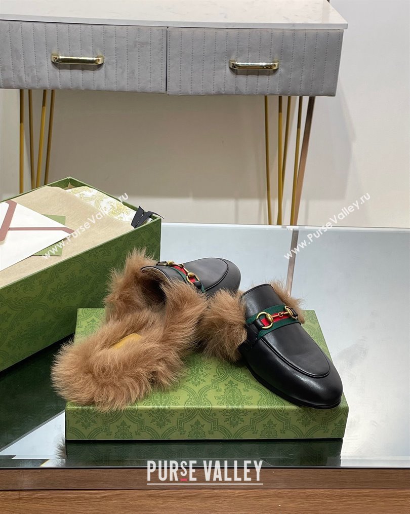 Gucci Leather and Wool Slippers with Horsebit and Web Black 2023 (MD-231025005)