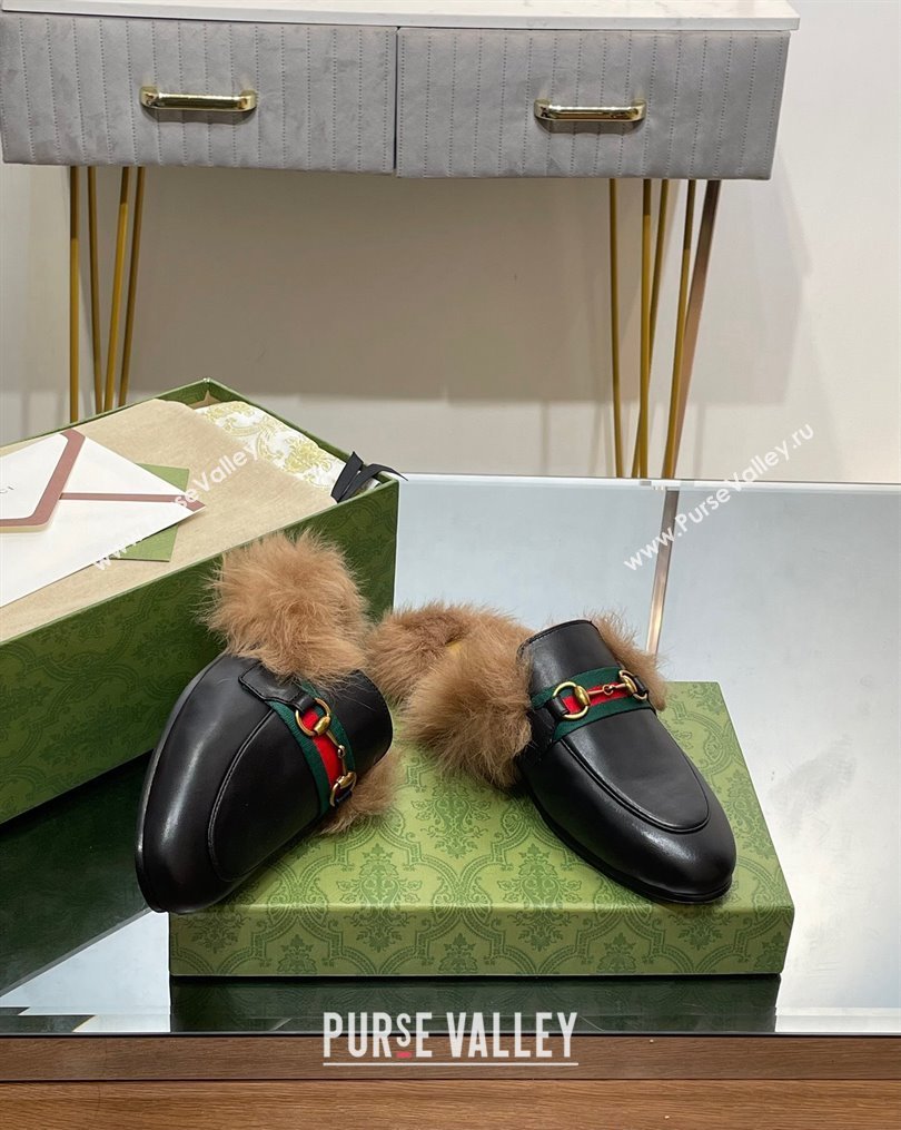 Gucci Leather and Wool Slippers with Horsebit and Web Black 2023 (MD-231025005)