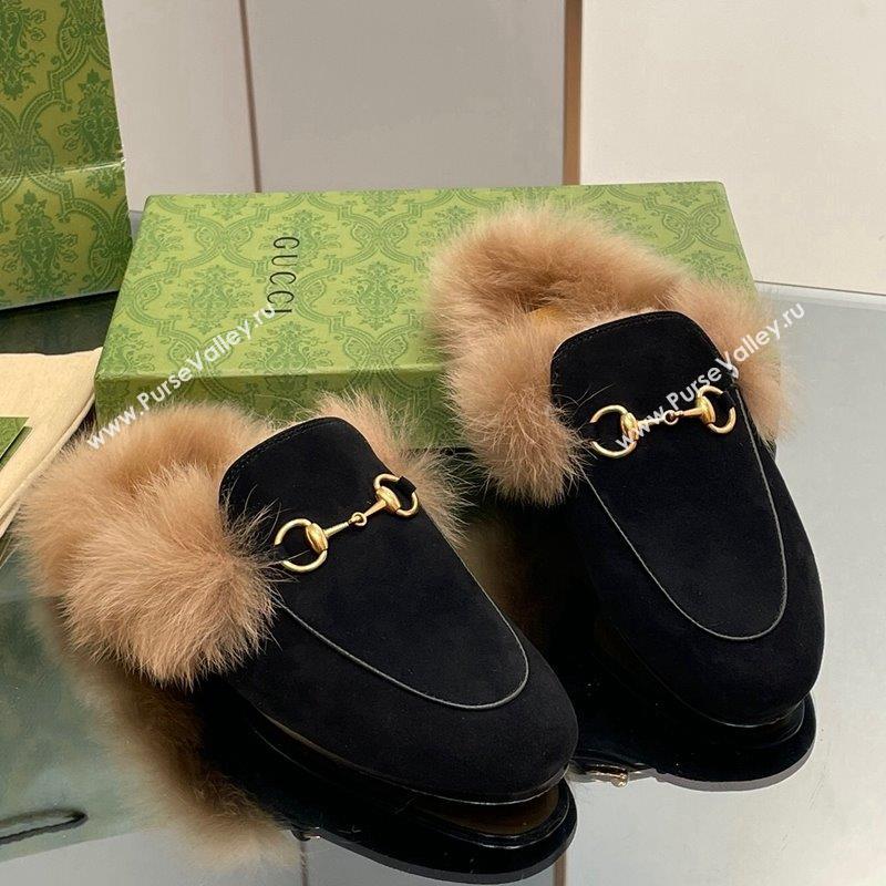 Gucci Suede and Wool Slippers with Horsebit Black 2023 1025 (MD-231025006)