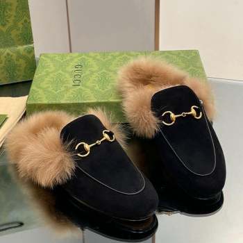 Gucci Suede and Wool Slippers with Horsebit Black 2023 1025 (MD-231025006)