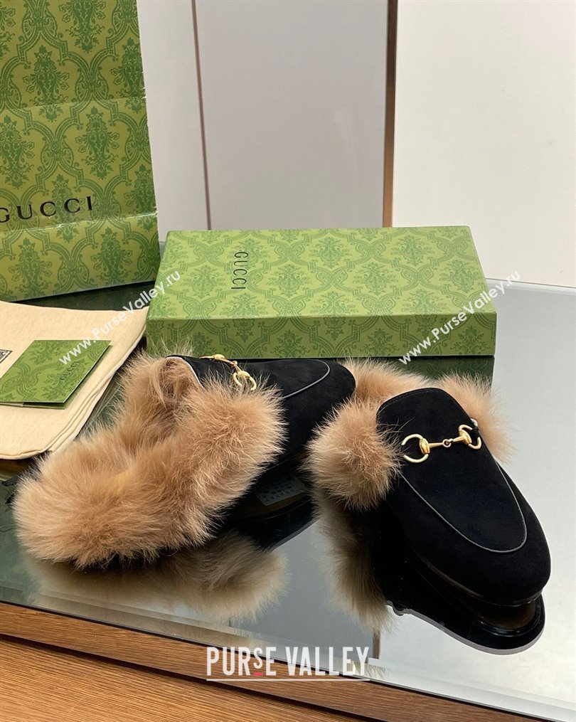 Gucci Suede and Wool Slippers with Horsebit Black 2023 1025 (MD-231025006)