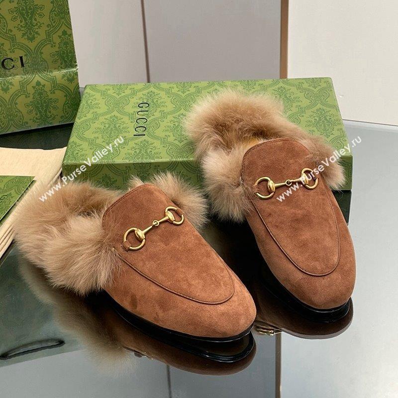 Gucci Suede and Wool Slippers with Horsebit Brown 2023 1025 (MD-231025008)