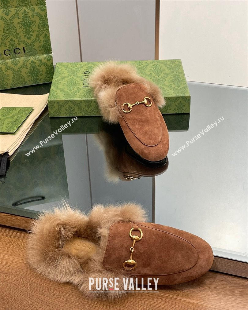 Gucci Suede and Wool Slippers with Horsebit Brown 2023 1025 (MD-231025008)