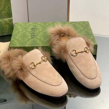 Gucci Suede and Wool Slippers with Horsebit Beige 2023 1025 (MD-231025009)