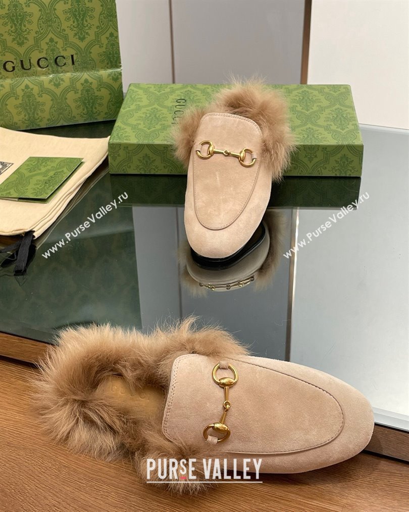 Gucci Suede and Wool Slippers with Horsebit Beige 2023 1025 (MD-231025009)