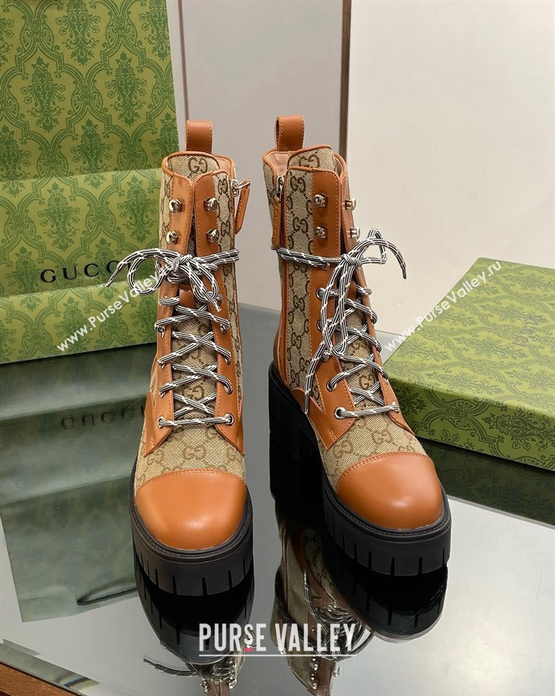 Gucci GG Canvas and Leather Lace-up Ankle Boots Brown/Beige 2023 1025 (MD-231025011)