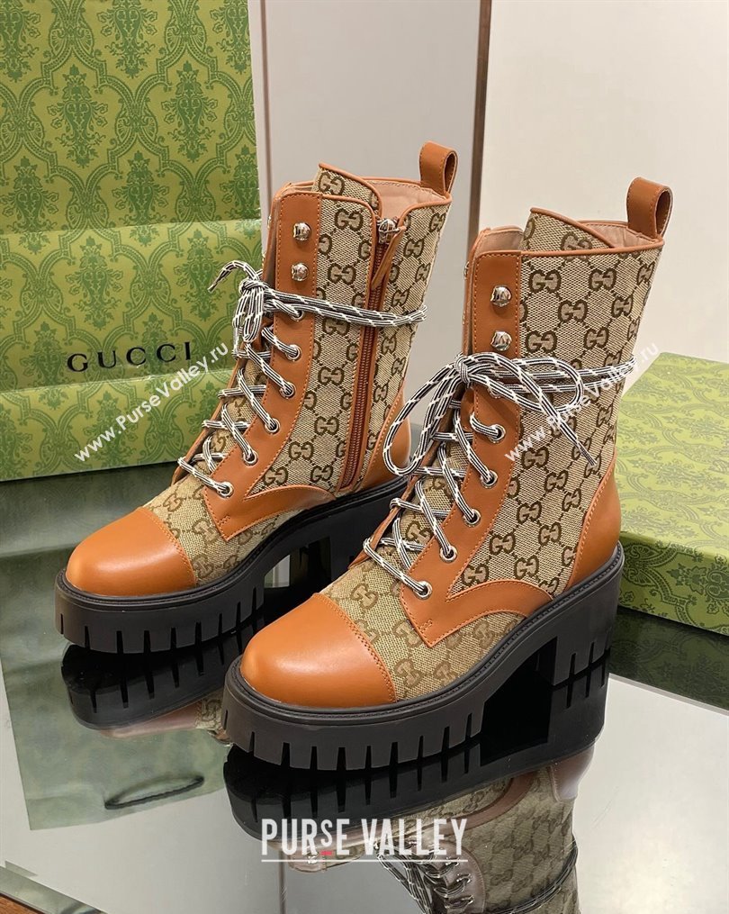 Gucci GG Canvas and Leather Lace-up Ankle Boots Brown/Beige 2023 1025 (MD-231025011)