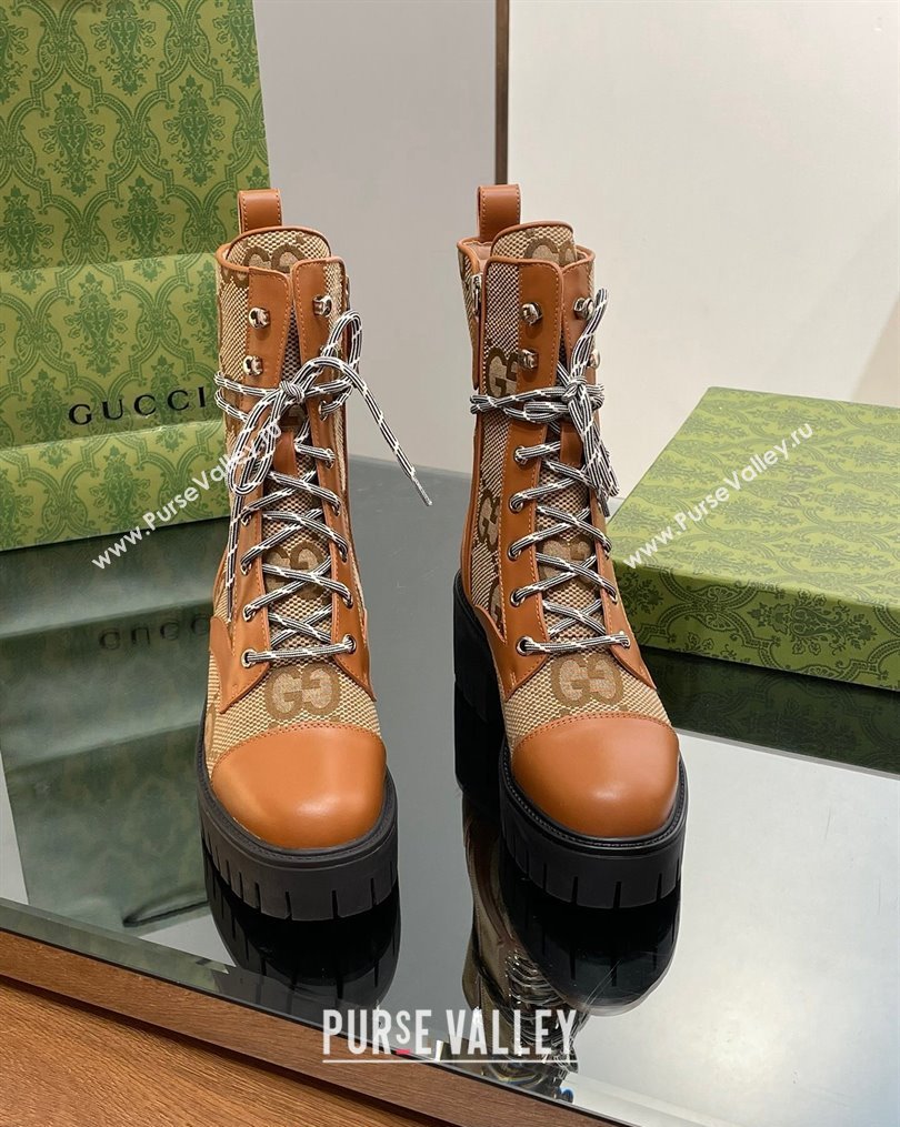 Gucci Jumbo GG Canvas and Leather Lace-up Ankle Boots Brown 2023 1025 (MD-231025012)