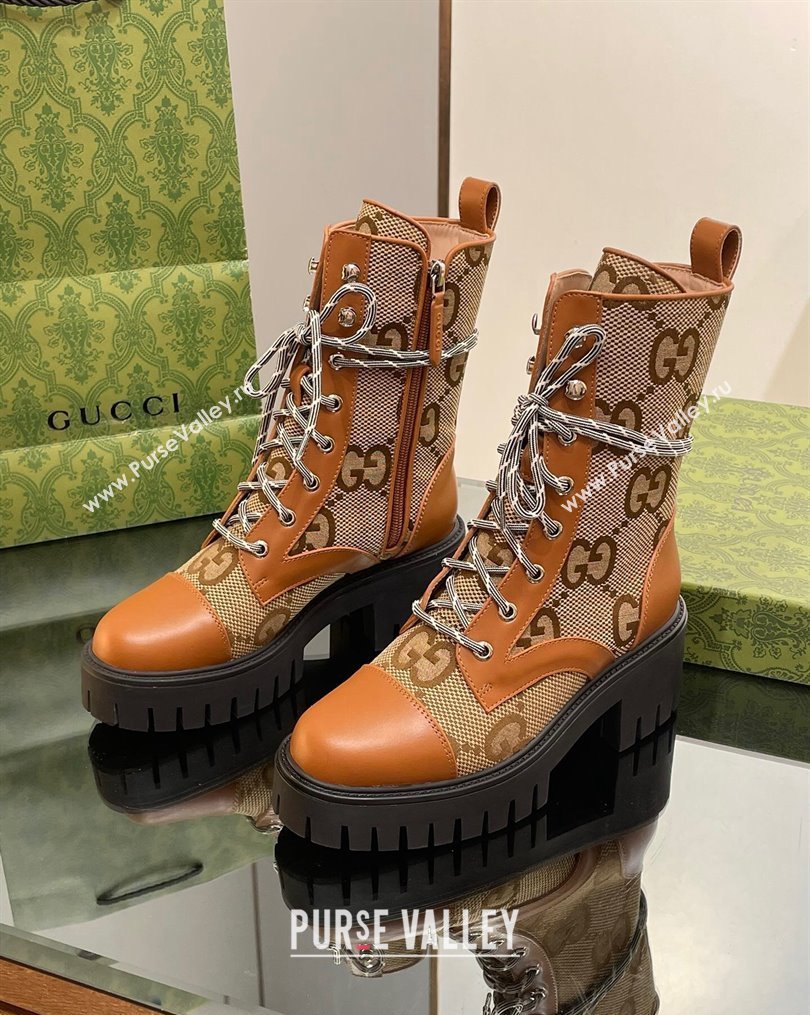 Gucci Jumbo GG Canvas and Leather Lace-up Ankle Boots Brown 2023 1025 (MD-231025012)