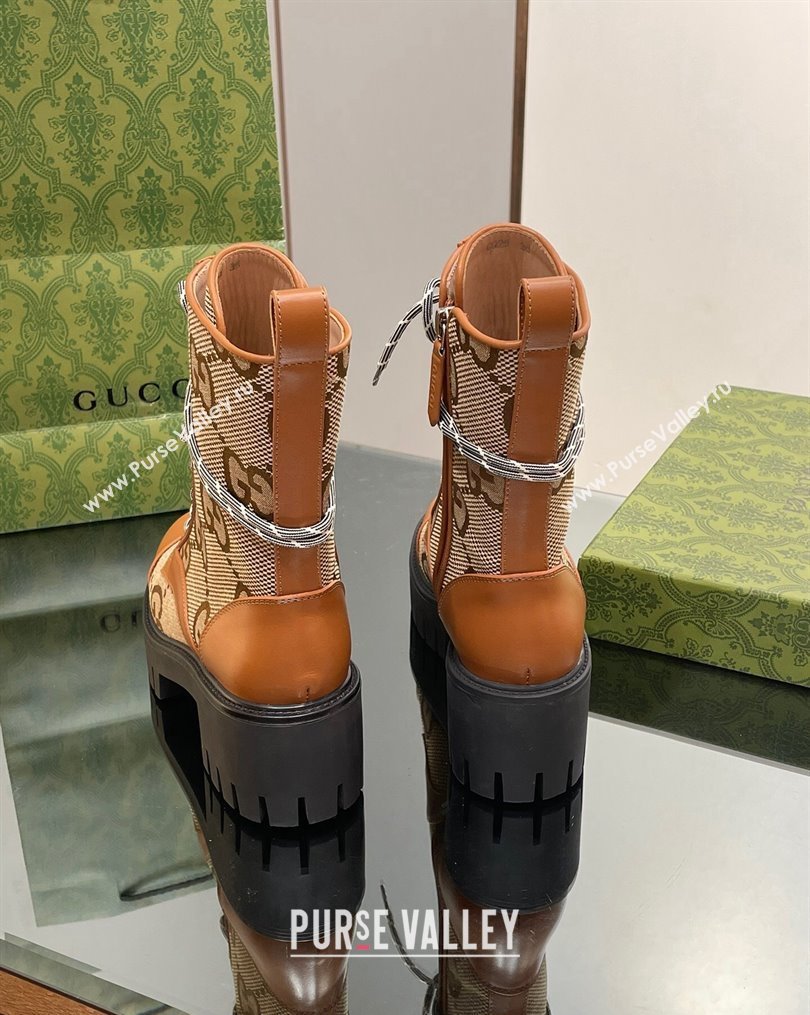 Gucci Jumbo GG Canvas and Leather Lace-up Ankle Boots Brown 2023 1025 (MD-231025012)