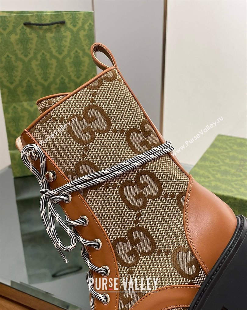 Gucci Jumbo GG Canvas and Leather Lace-up Ankle Boots Brown 2023 1025 (MD-231025012)