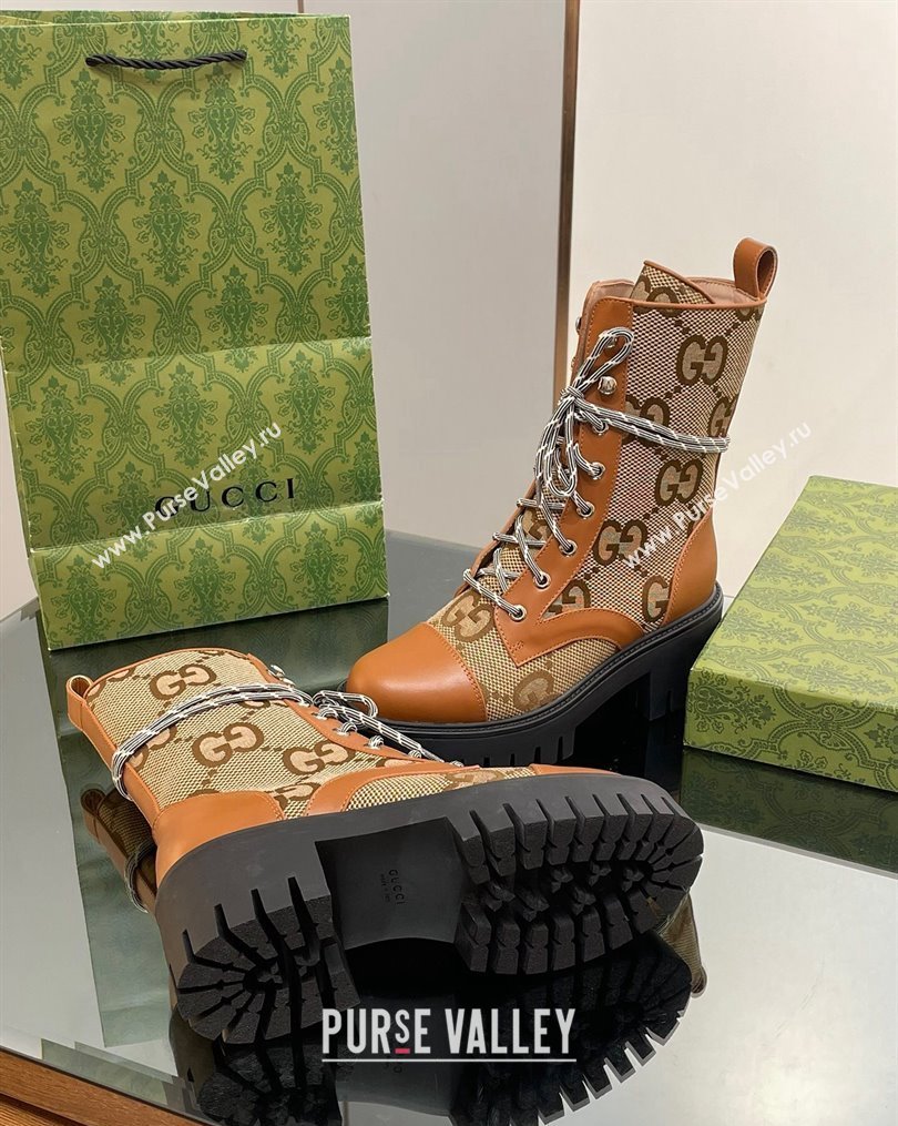 Gucci Jumbo GG Canvas and Leather Lace-up Ankle Boots Brown 2023 1025 (MD-231025012)