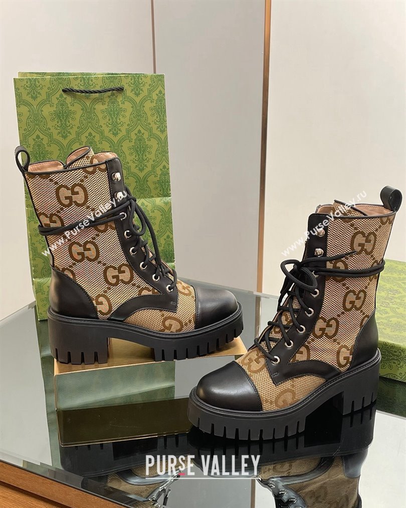 Gucci Jumbo GG Canvas and Leather Lace-up Ankle Boots Black/Camel 2023 1025 (MD-231025013)