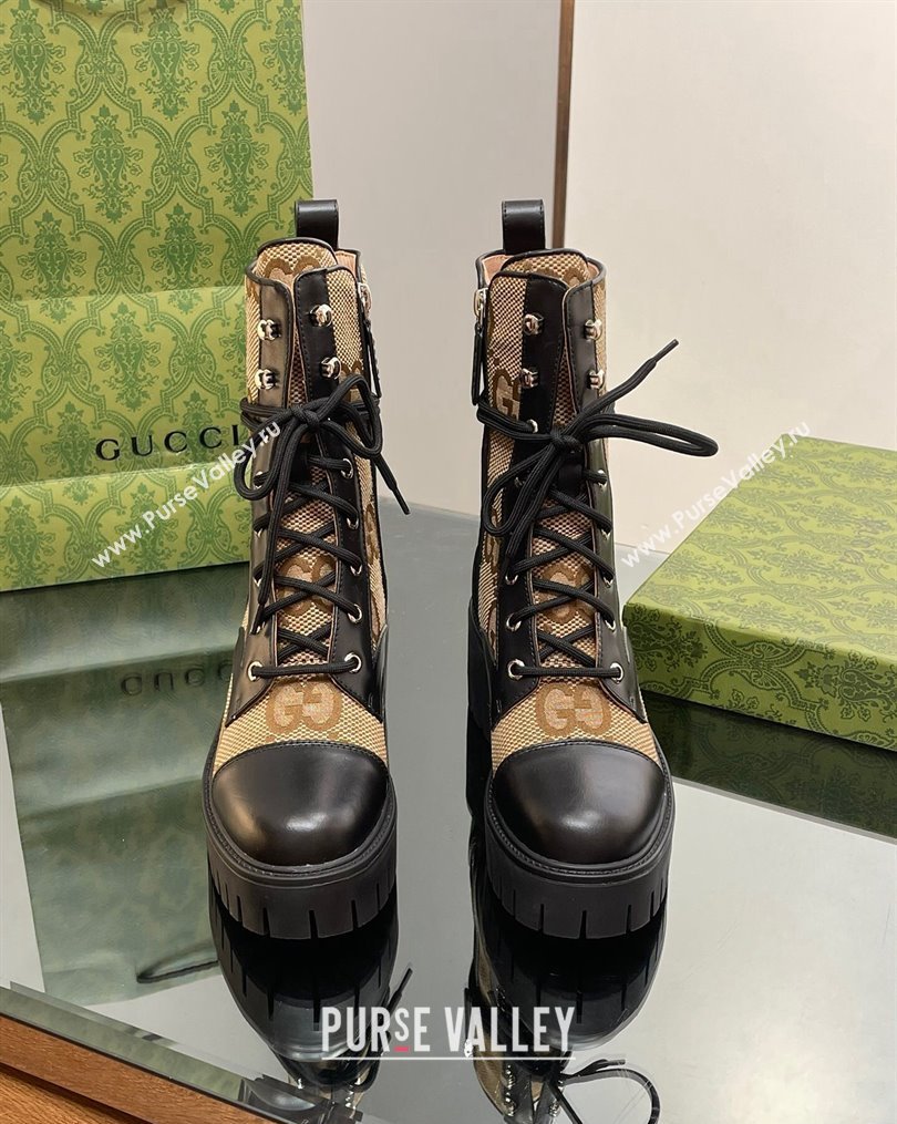 Gucci Jumbo GG Canvas and Leather Lace-up Ankle Boots Black/Camel 2023 1025 (MD-231025013)