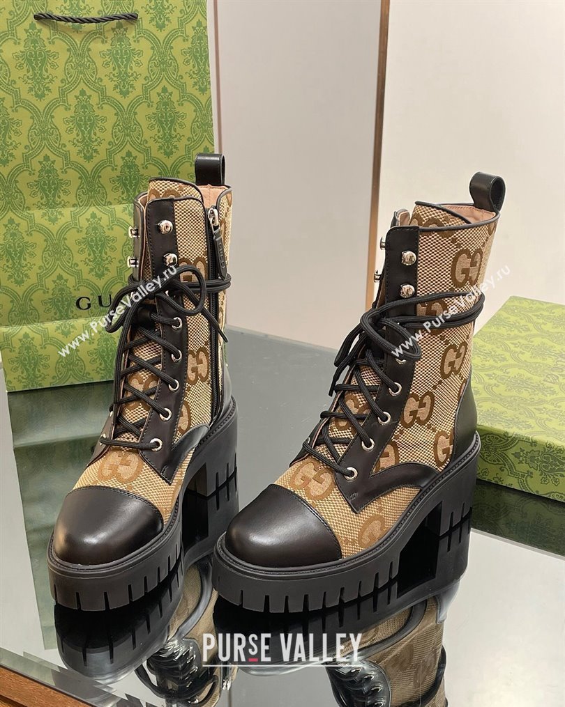 Gucci Jumbo GG Canvas and Leather Lace-up Ankle Boots Black/Camel 2023 1025 (MD-231025013)