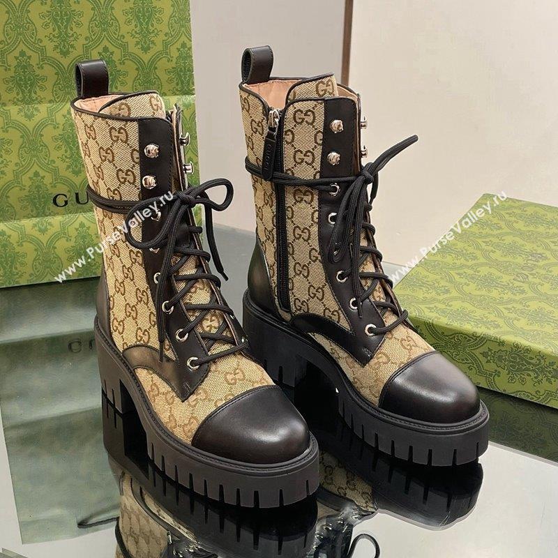 Gucci GG Canvas and Leather Lace-up Ankle Boots Black/Camel 2 2023 1025 (MD-231025014)
