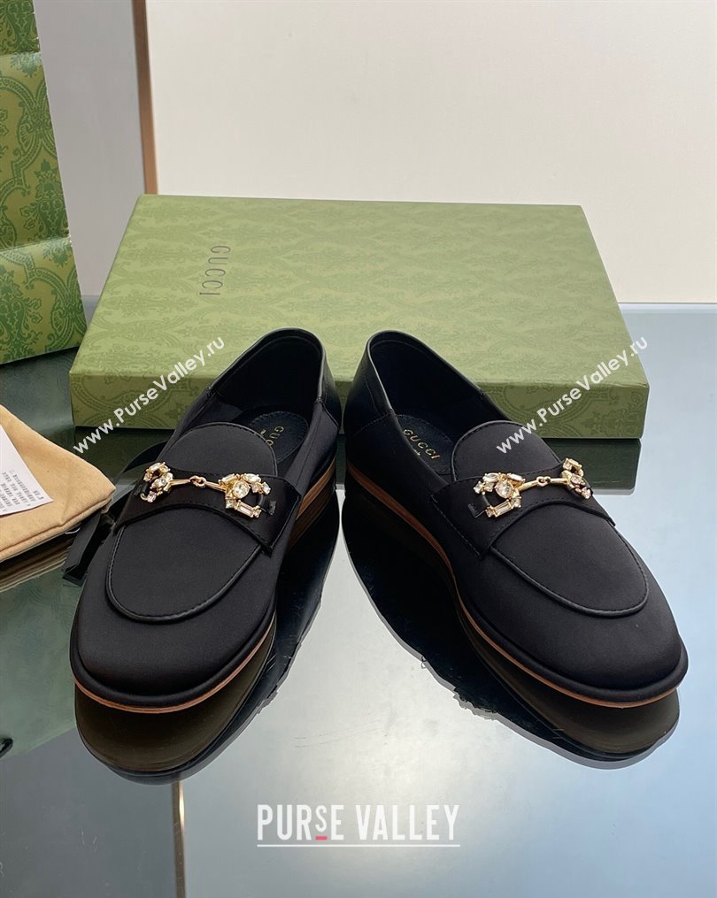 Gucci Horsebit Flat Loafers with Crystals in Satin Black 2023 ‎759780 (MD-231025018)