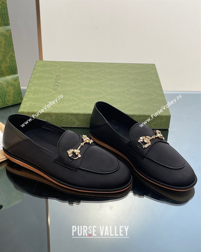 Gucci Horsebit Flat Loafers with Crystals in Satin Black 2023 ‎759780 (MD-231025018)