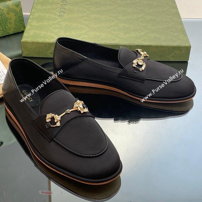 Gucci Horsebit Flat Loafers with Crystals in Satin Black 2023 ‎759780 (MD-231025018)