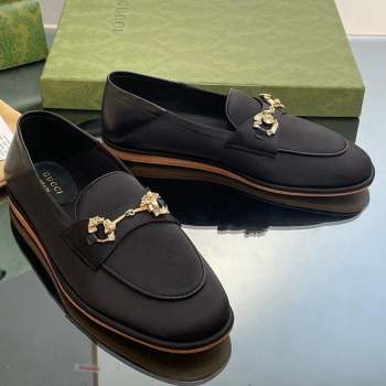 Gucci Horsebit Flat Loafers with Crystals in Satin Black 2023 ‎759780 (MD-231025018)