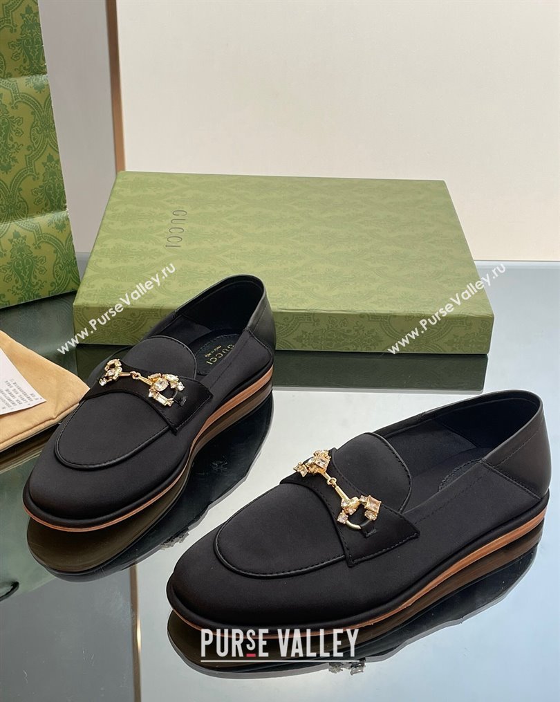 Gucci Horsebit Flat Loafers with Crystals in Satin Black 2023 ‎759780 (MD-231025018)