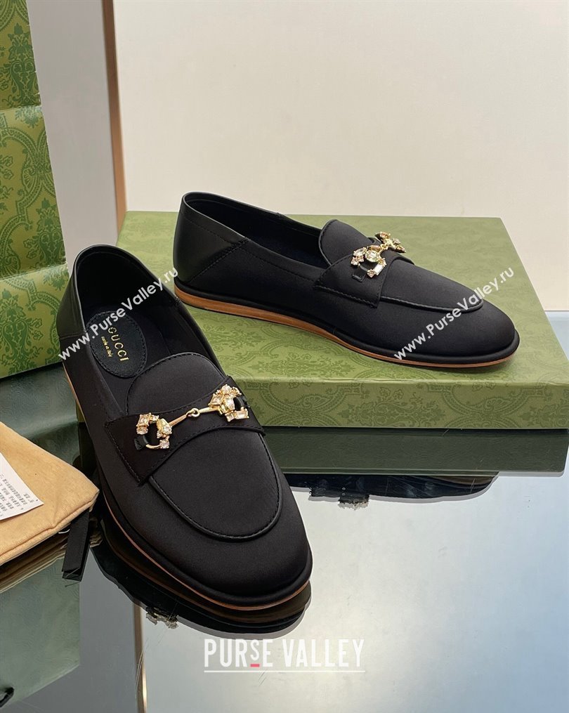 Gucci Horsebit Flat Loafers with Crystals in Satin Black 2023 ‎759780 (MD-231025018)