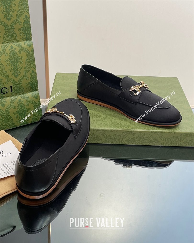 Gucci Horsebit Flat Loafers with Crystals in Satin Black 2023 ‎759780 (MD-231025018)