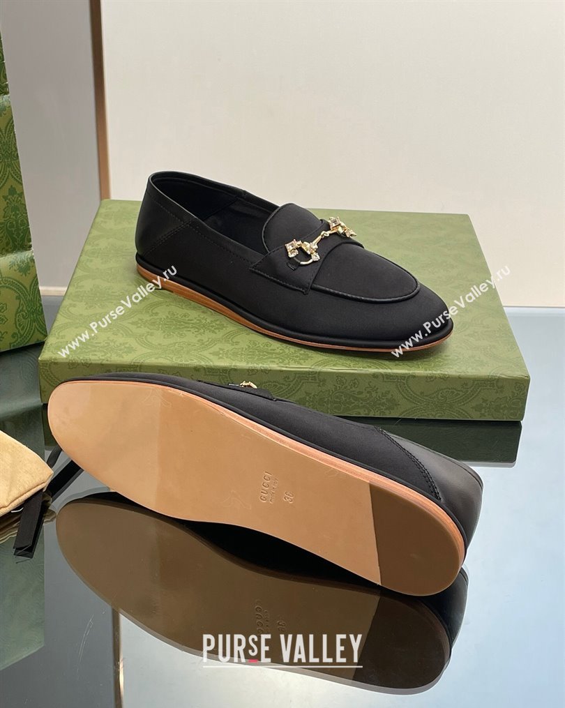 Gucci Horsebit Flat Loafers with Crystals in Satin Black 2023 ‎759780 (MD-231025018)