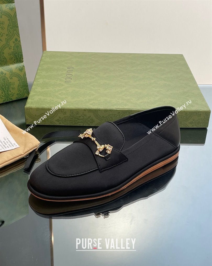 Gucci Horsebit Flat Loafers with Crystals in Satin Black 2023 ‎759780 (MD-231025018)