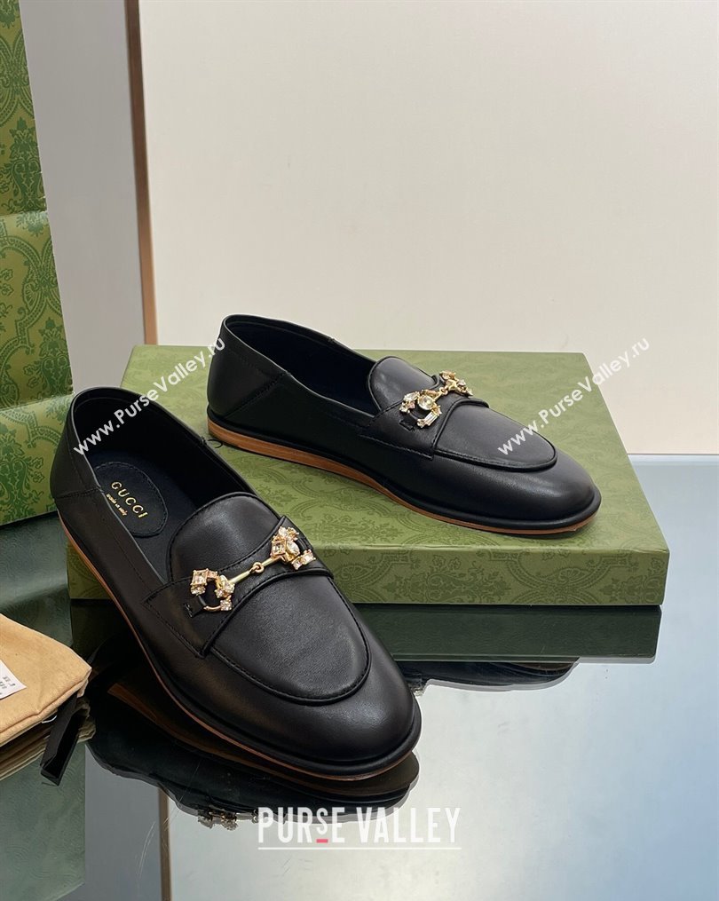 Gucci Horsebit Flat Loafers with Crystals in Leather Black 2023 ‎759780 (MD-231025019)