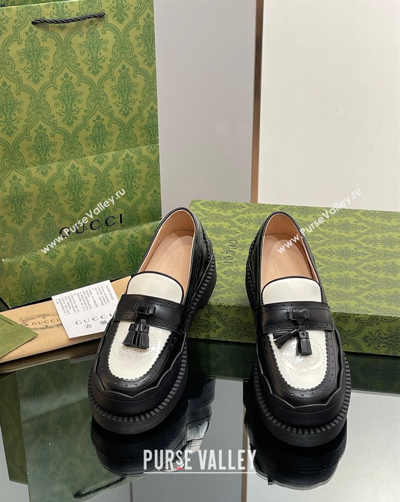 Gucci Leather Loafers with Tassel and Wave Trim White/Black 2023 1025 (MD-231025021)