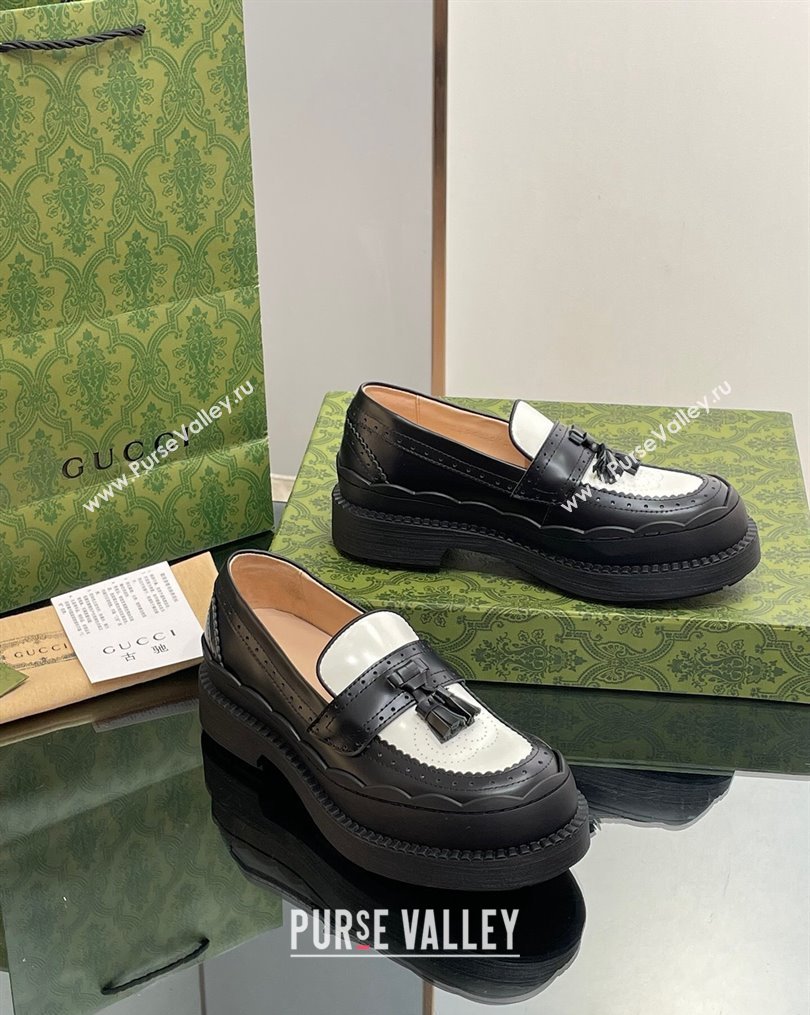 Gucci Leather Loafers with Tassel and Wave Trim White/Black 2023 1025 (MD-231025021)