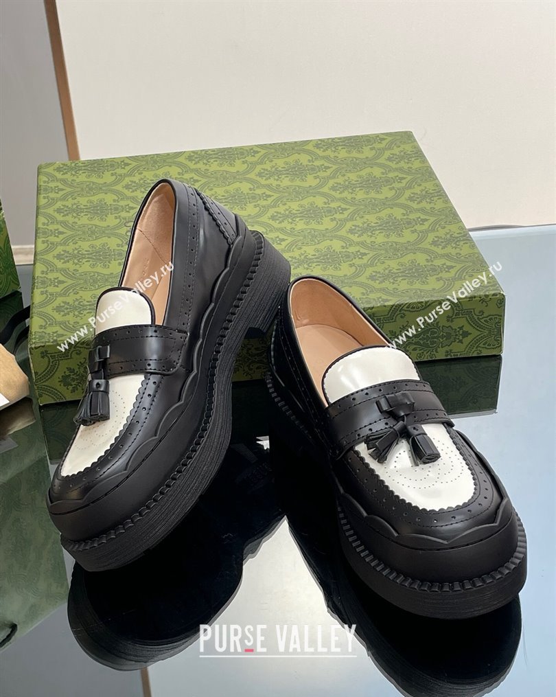 Gucci Leather Loafers with Tassel and Wave Trim White/Black 2023 1025 (MD-231025021)