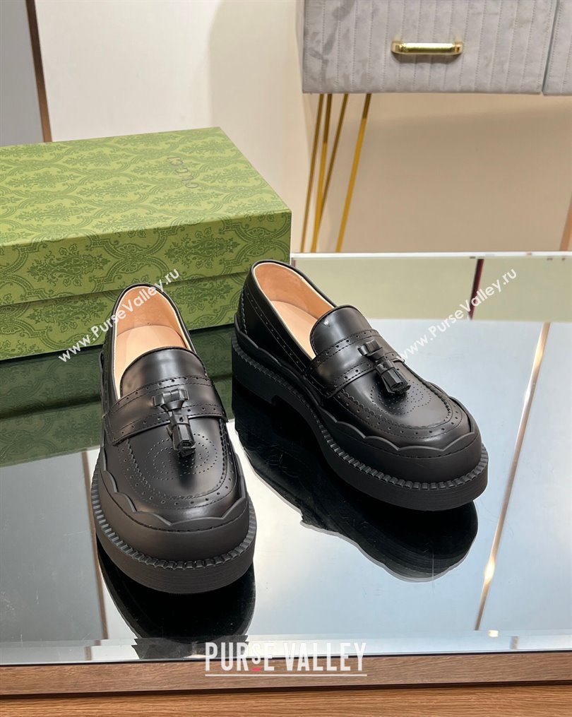 Gucci Leather Loafers with Tassel and Wave Trim Black 2 2023 1025 (MD-231025022)