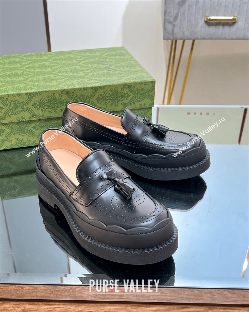 Gucci Leather Loafers with Tassel and Wave Trim Black 2 2023 1025 (MD-231025022)