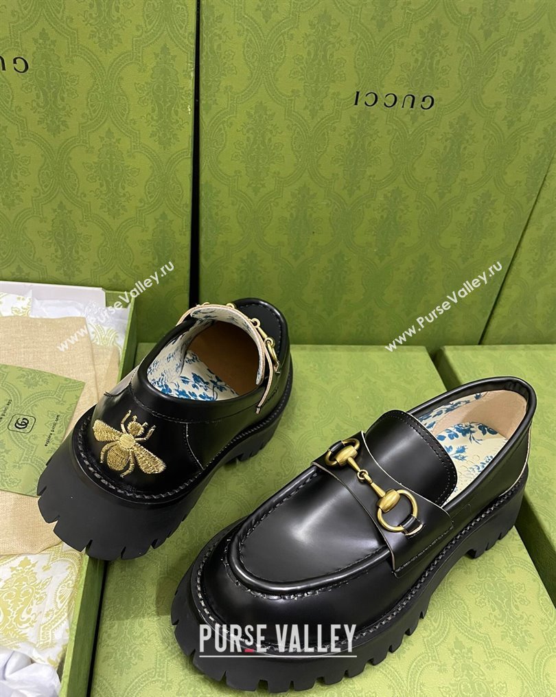 Gucci Leather Platform Loafers 4.5cm with Bee Black 2023 1025 (MD-231025023)