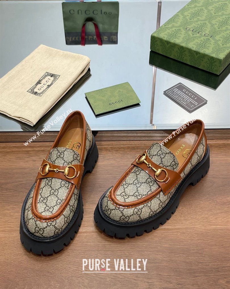 Gucci GG Canvas Platform Loafers 4.5cm with Horsebit Brown 2023 1025 (MD-231025025)