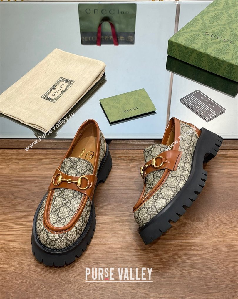 Gucci GG Canvas Platform Loafers 4.5cm with Horsebit Brown 2023 1025 (MD-231025025)