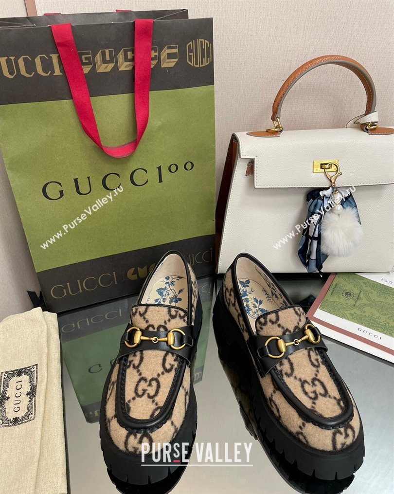 Gucci GG Wool Platform Loafers 4.5cm with Horsebit Beige 2023 1025 (MD-231025029)