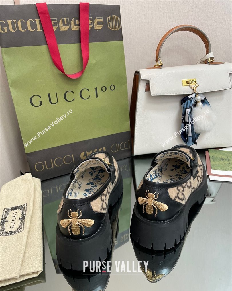 Gucci GG Wool Platform Loafers 4.5cm with Horsebit Beige 2023 1025 (MD-231025029)