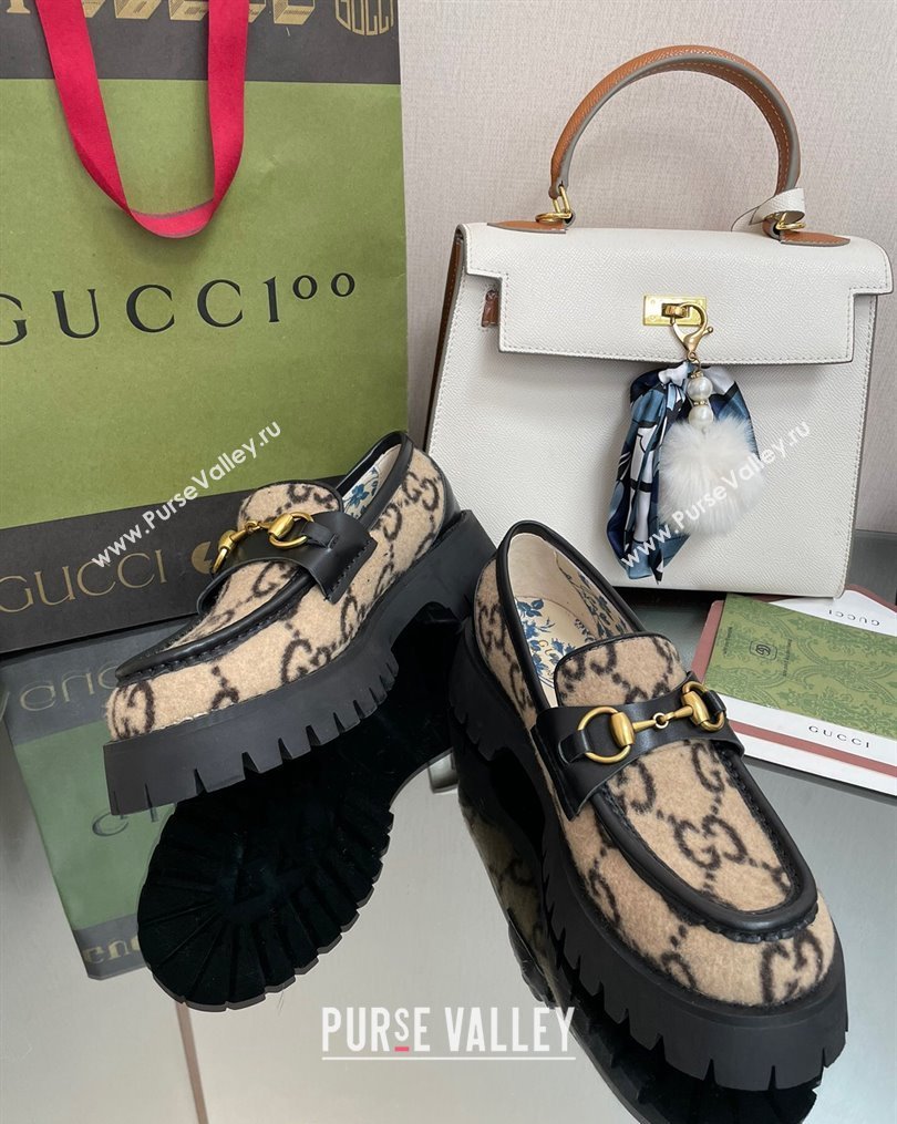 Gucci GG Wool Platform Loafers 4.5cm with Horsebit Beige 2023 1025 (MD-231025029)