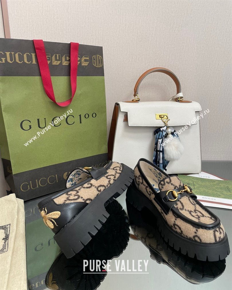 Gucci GG Wool Platform Loafers 4.5cm with Horsebit Beige 2023 1025 (MD-231025029)