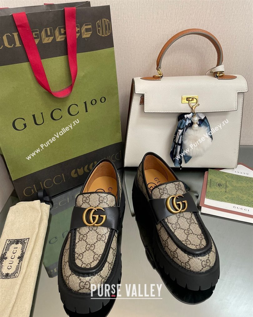 Gucci GG Canvas Platform Loafers 4.5cm with GG Beige/Black 2023 1025 (MD-231025030)