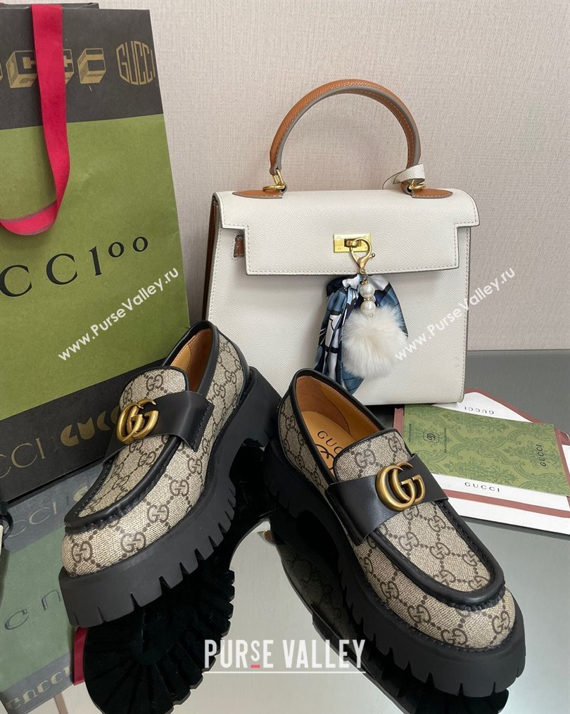 Gucci GG Canvas Platform Loafers 4.5cm with GG Beige/Black 2023 1025 (MD-231025030)