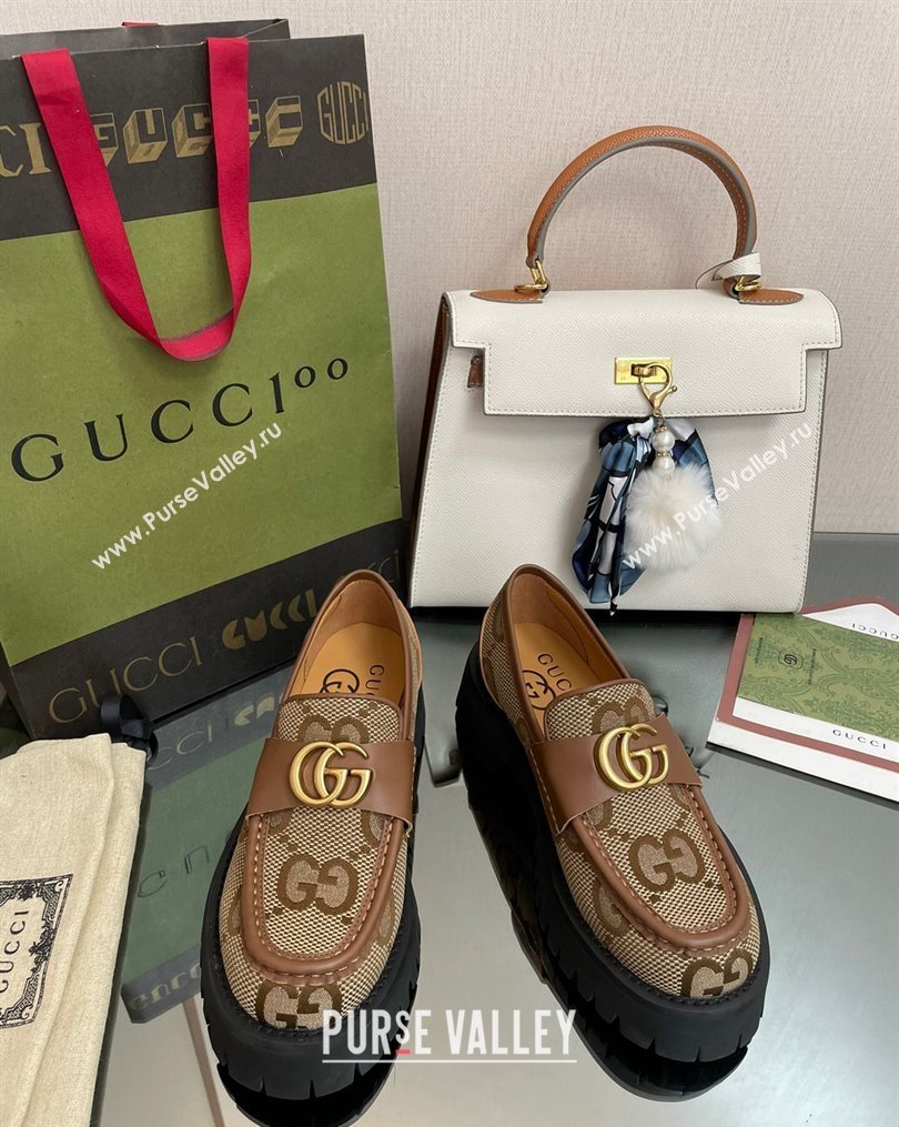 Gucci Jumbo GG Canvas Platform Loafers 4.5cm with GG Brown 2023 1025 (MD-231025031)